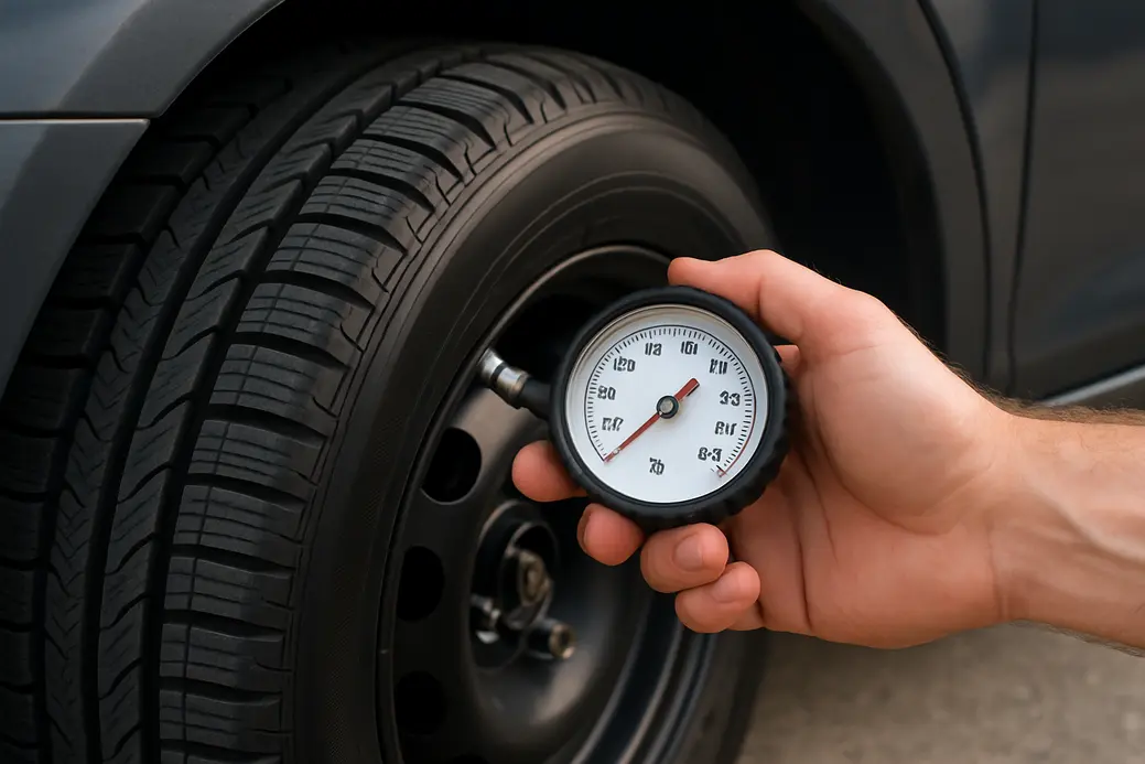 Een hand die met een bandenspanningsmeter de druk van een autoband meet, met de wielkast van een auto zichtbaar op de achtergrond, wat het belang van juiste bandenspanning laat zien.