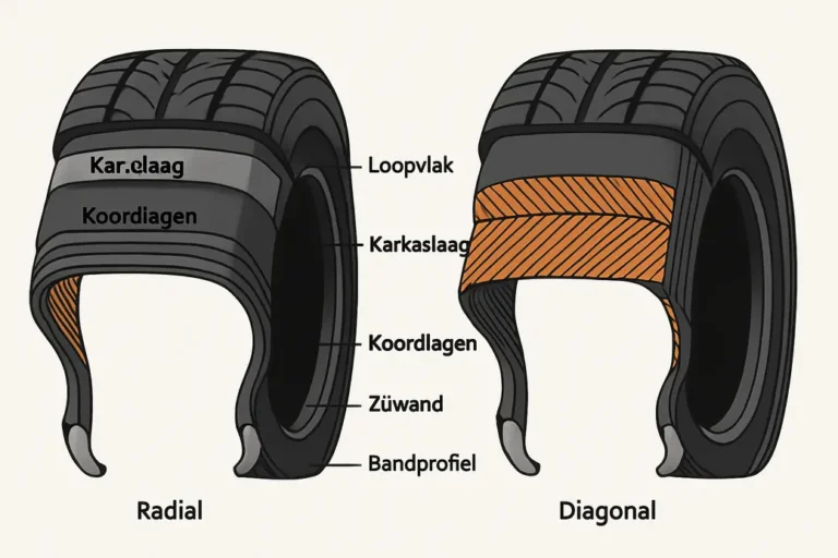 Doorsnede van een autoband met alle onderdelen: loopvlak, karkas, gordellagen en hiel