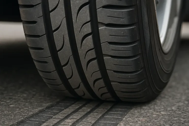 Fotorealistische close-up van een autoband die verschillende profieldieptes toont en het contact tussen het bandenprofiel en de weg laat zien, met realistische rubber- en wegtexturen.