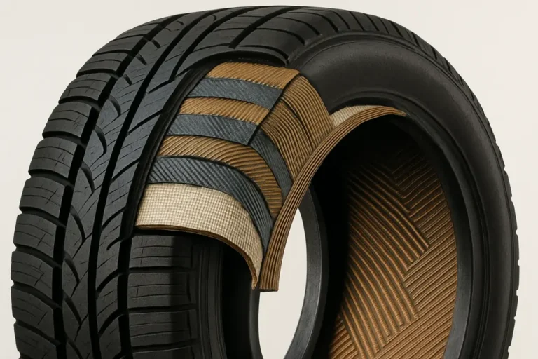 Doorsnede van een autoband die de interne karkaslagen toont, met zichtbare koordlagen en textiellaag, en de onderlinge oriëntatie van radiale en diagonale lagen. De buitenkant van de band met profiel is zichtbaar.