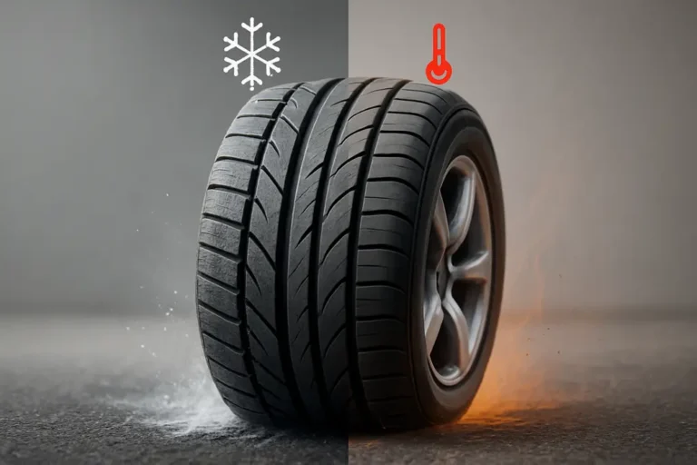 Afbeelding van een autoband die de effecten van temperatuur op flexibiliteit en grip toont. Links de band in een koude, stijve toestand, rechts in een warme, flexibele toestand met dynamische gripvisualisaties aan het contactoppervlak.