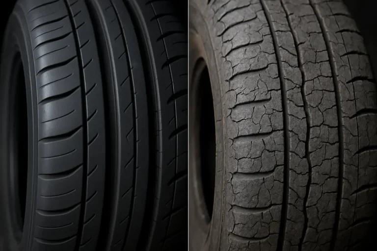 Close-up semi-photorealistic image comparing new and aged car tire surfaces, showing cracks and brittle texture changes due to aging.