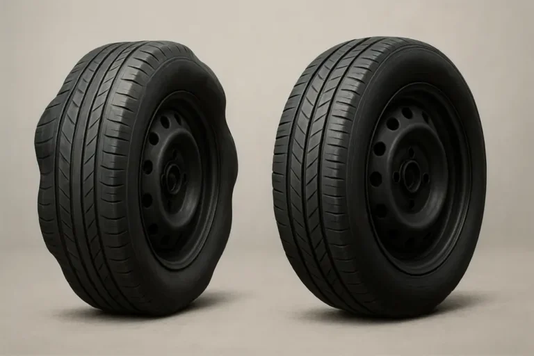 Afbeelding met een zijaanzicht van een autoband die afwijkingen in de rondheid toont, zoals bobbels en oneffenheden, naast een perfecte ronde autoband ter vergelijking.