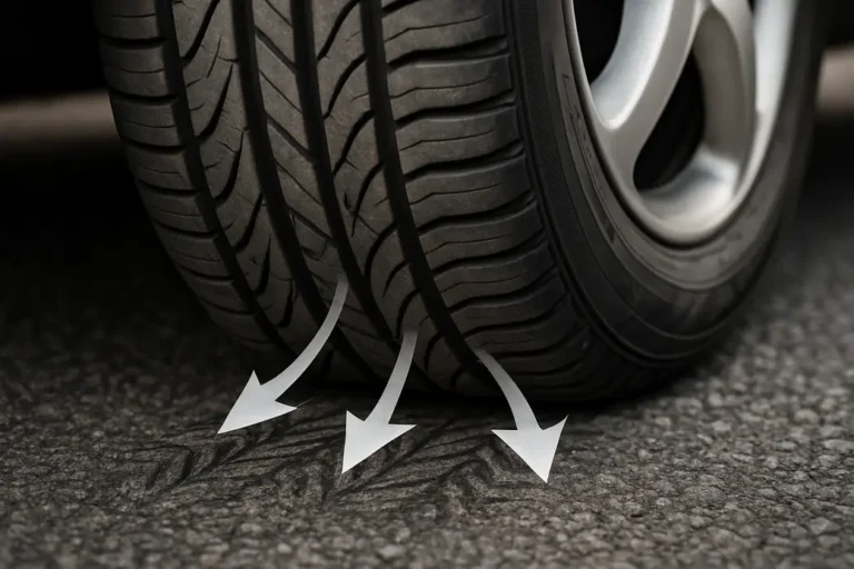 A semi-realistic illustration showing the detailed tire tread of a car tire in contact with a textured road surface, with visual representation of forces and friction causing grip, optionally including a car wheel.