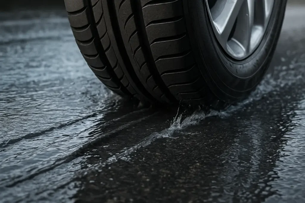 Detailweergave van een autobandprofiel in contact met een natte weg, waarbij water wordt afgevoerd en beweging van water zichtbaar is onder de band.