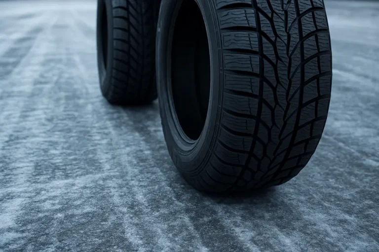 Fotorealistische afbeelding van banden met profilering op een bevroren wegdek, die stijf rubber tonen met minder contactpunten, illustrerend hoe lage temperaturen de grip van banden verminderen.