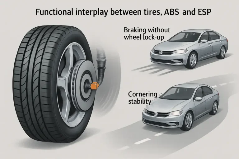 Afbeelding die banden, ABS-sensoren en een auto toont die remt zonder wielblokkade en stabiliteit behoudt tijdens een bocht om het samenspel tussen banden, ABS en ESP systemen te verduidelijken.