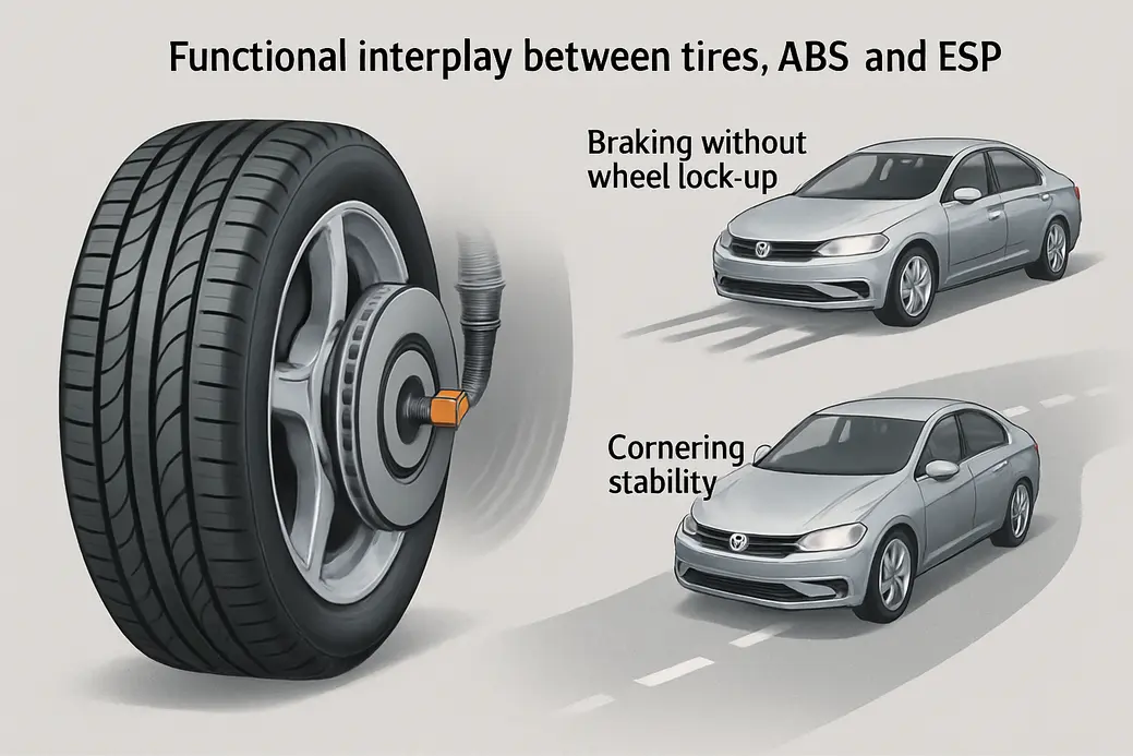 Afbeelding die banden, ABS-sensoren en een auto toont die remt zonder wielblokkade en stabiliteit behoudt tijdens een bocht om het samenspel tussen banden, ABS en ESP systemen te verduidelijken.