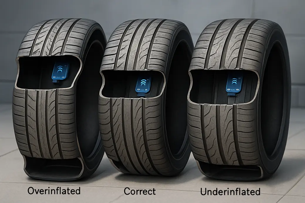 Cross-section of a car tire showing tread wear patterns caused by different pressures and subtle electronic sensor elements.