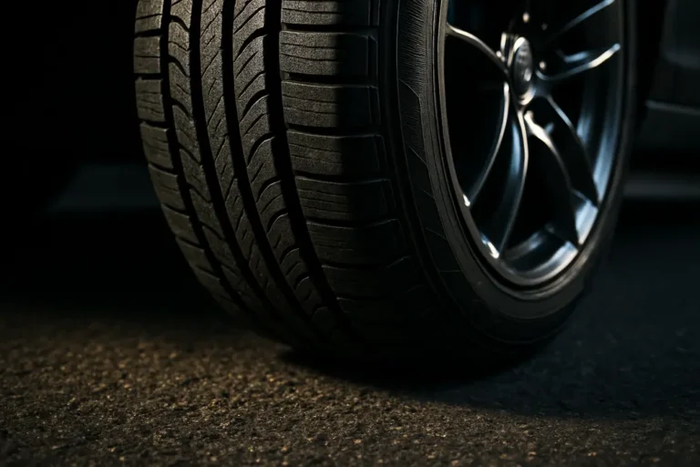 Macro close-up of a single car tire mounted on a vehicle, showing detailed tread in contact with coarse asphalt road surface, capturing the texture and grip under dramatic side lighting
