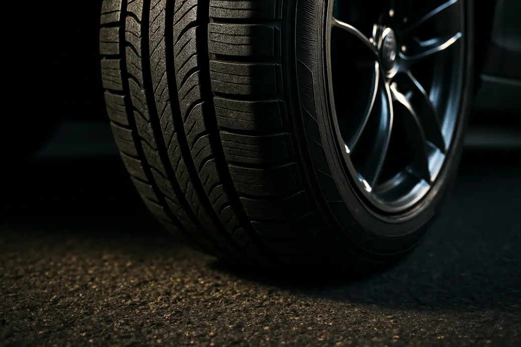 Macro close-up of a single car tire mounted on a vehicle, showing detailed tread in contact with coarse asphalt road surface, capturing the texture and grip under dramatic side lighting