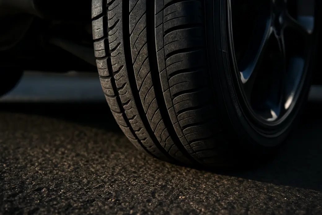 Close-up macro photo of a single car tire mounted on a vehicle, showing detailed rubber texture and tire tread in contact with coarse asphalt road surface, highlighting steering mechanism and direct tire-road connection.