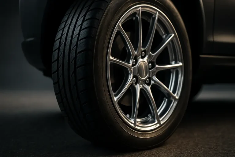 Close-up photo of a single car tire with a large rim mounted, showing detailed rubber texture and polished metal rim on coarse asphalt surface.