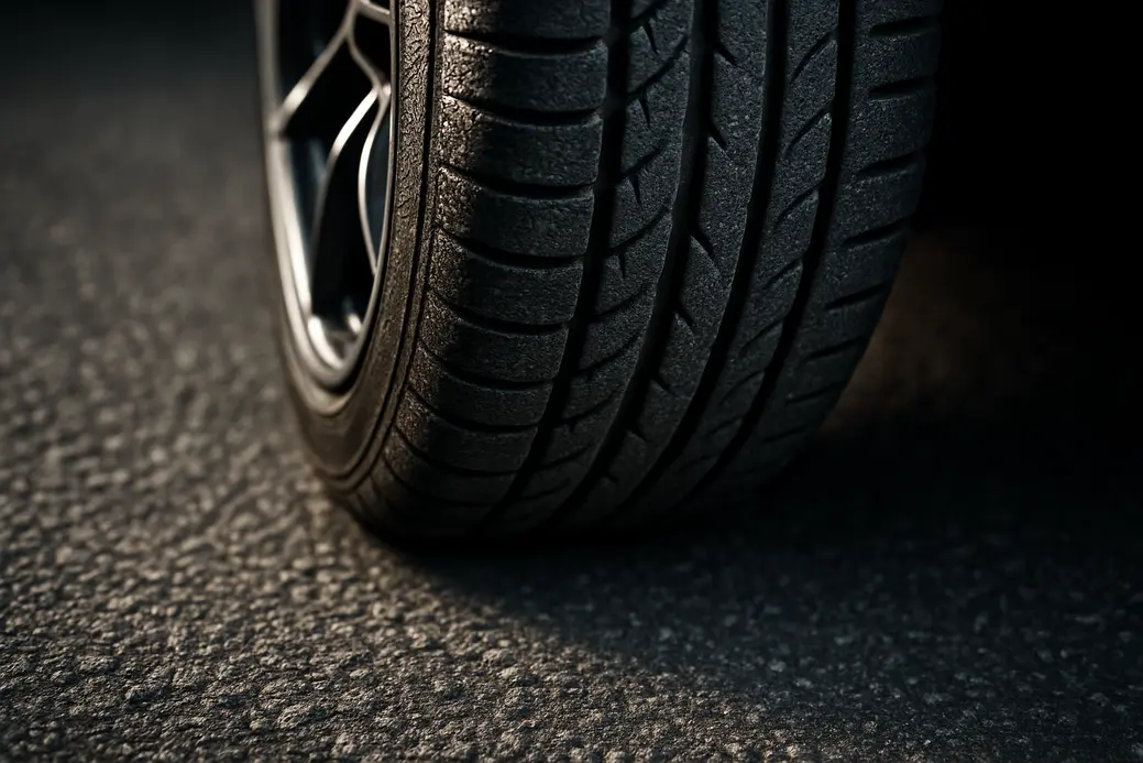 Close-up macro photo of a car's rear wheel in contact with coarse asphalt, showing detailed tire tread, rubber texture, and slight tire deformation on the contact patch, with a blurred asphalt background.