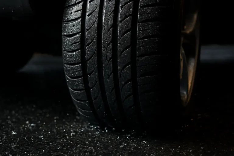 Macro photo of a single car tire mounted on a vehicle, showing the tire's tread and water droplets on wet asphalt, highlighting grip and contact with the road.