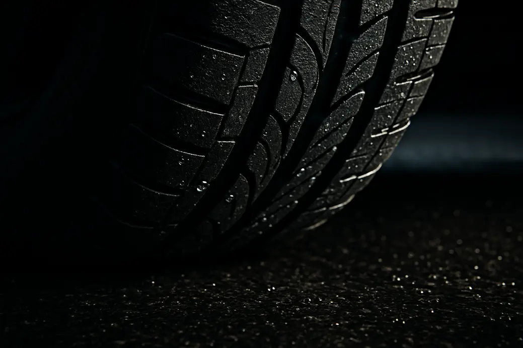 Macro photo of a single car tire mounted on a vehicle, showing detailed rubber tread pattern in contact with wet asphalt, highlighting water on the tire surface and wet road texture