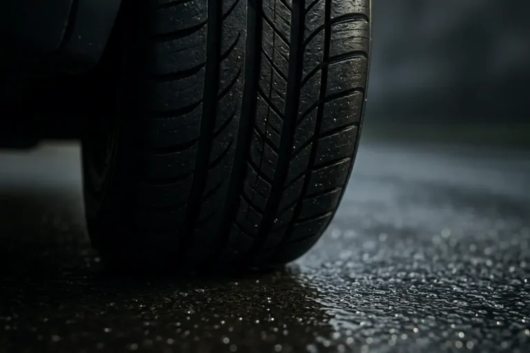 Close-up photo of a single car tire mounted on a vehicle, showing detailed rubber tread and texture, making contact with wet asphalt with reflections and water droplets visible, background softly blurred