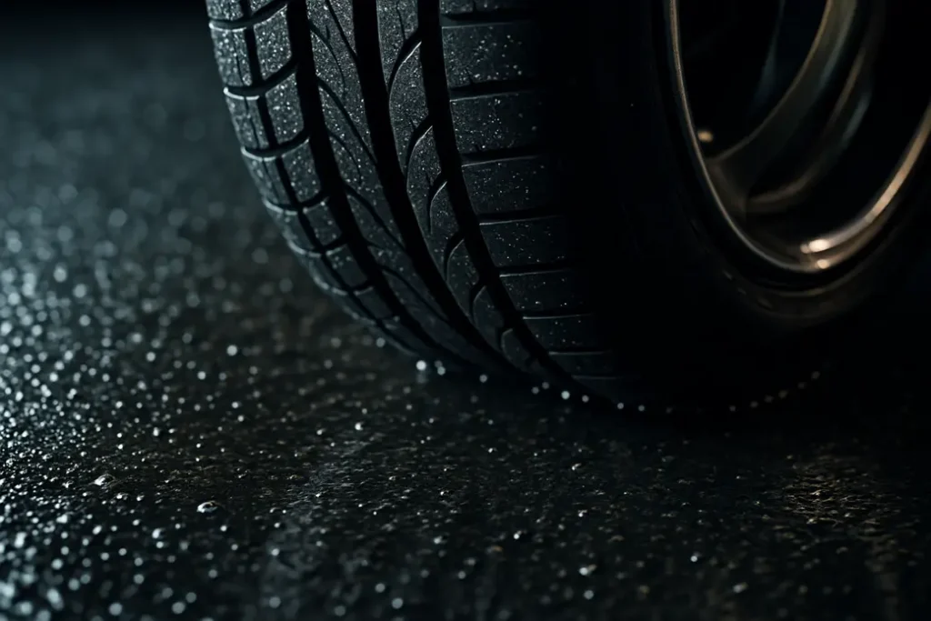 Macro photograph of a single car tire mounted on a vehicle, showing the detailed tread pattern in contact with wet asphalt covered in water droplets.