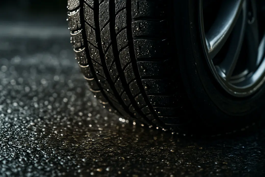 Close-up macro photograph of a single car tire mounted on a vehicle, showing detailed rubber tread pattern interacting with water on a wet asphalt road surface, captured from a low angle with shallow depth of field emphasizing the tire texture and road contact.