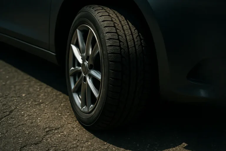 Close-up photo of a single front car wheel angled to one side on a detailed asphalt surface, showing tire tread and contact with road illustrating steering misalignment