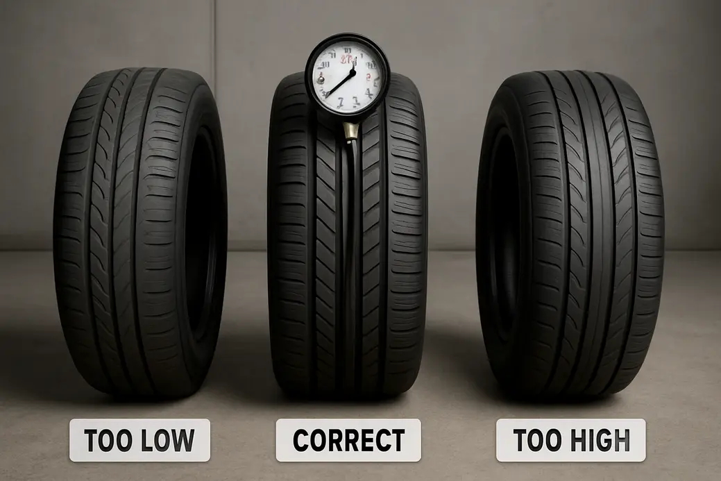 Photorealistic image showing a tire pressure gauge connected to a car tire valve, comparing tires with correct, low, and high pressure, and illustrating the different tire wear patterns caused by each pressure level.