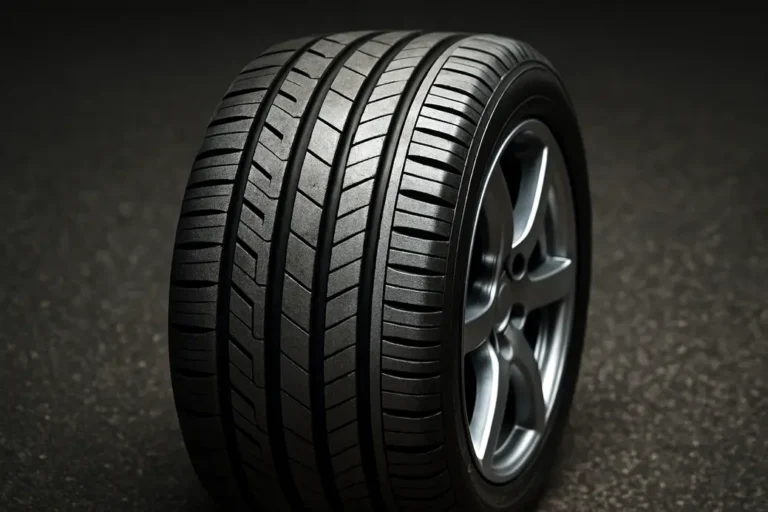 Close-up macro photo of a single mounted car tire on asphalt, showing detailed tread grooves and rubber texture highlighting differences in grip and wear between new and old tread sections.