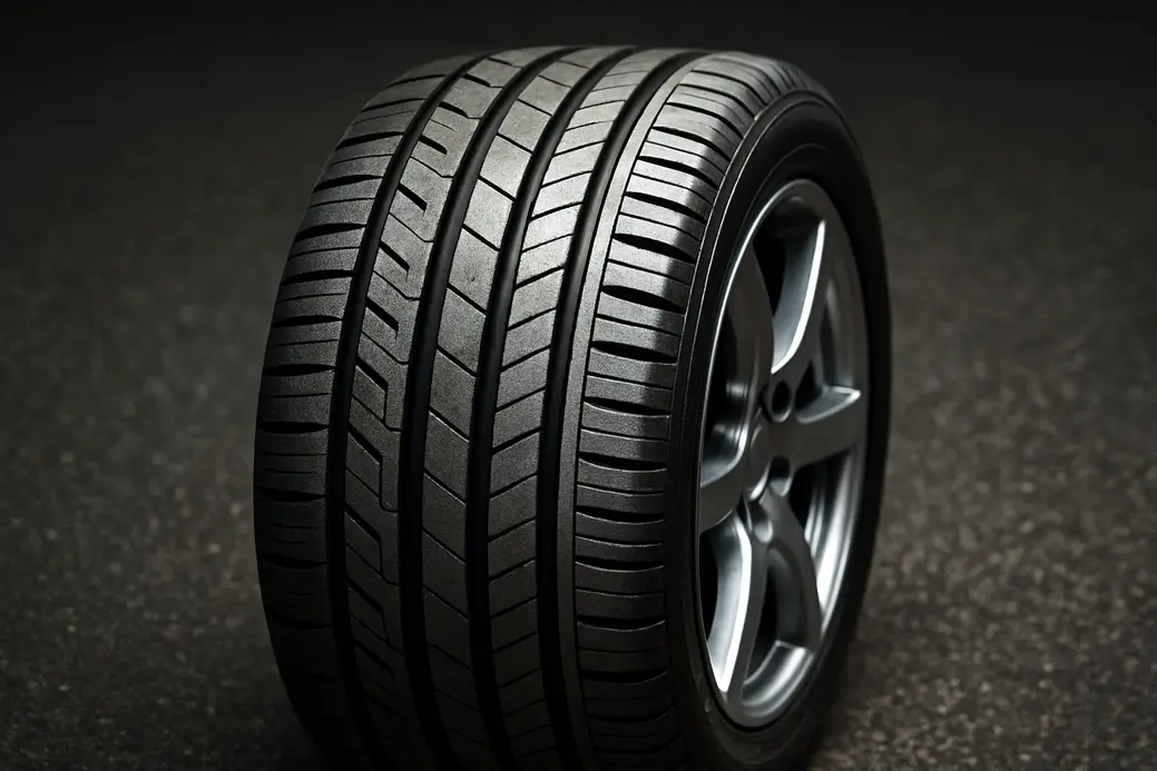 Close-up macro photo of a single mounted car tire on asphalt, showing detailed tread grooves and rubber texture highlighting differences in grip and wear between new and old tread sections.