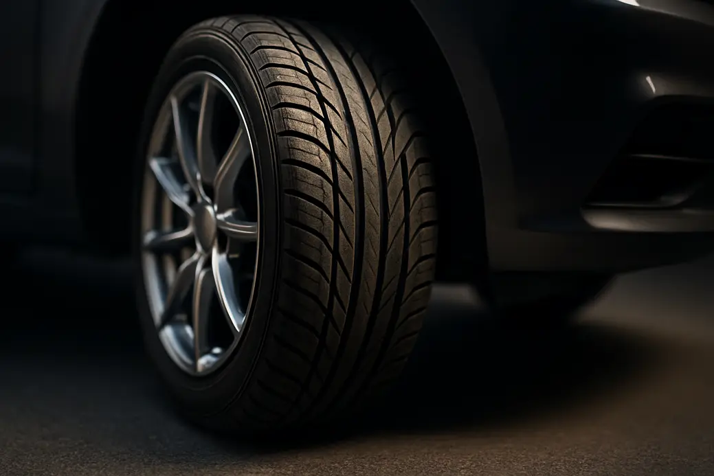 Close-up low-angle photo of a single car tire turned differently from the other side, showing asymmetrical steering angle and distinct tire texture on coarse asphalt or studio floor background.