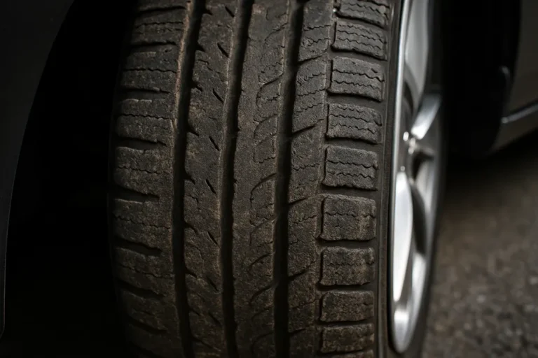 Macro close-up of a single car tire mounted on a vehicle showing irregular wear patterns on the tread with varying depth, set against a coarse asphalt background.