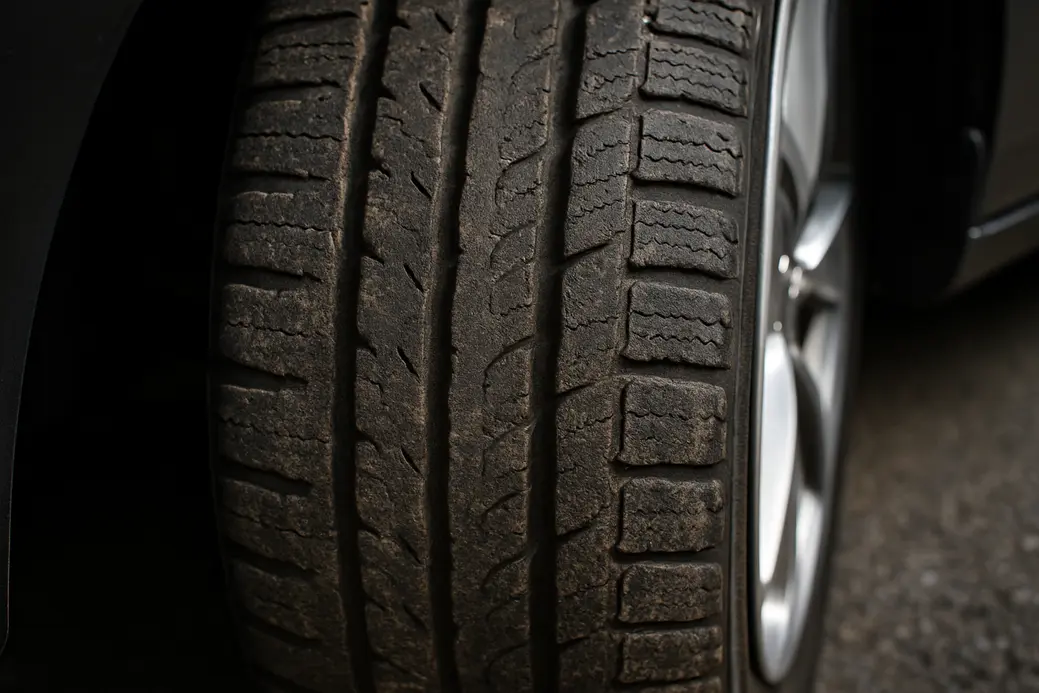 Macro close-up of a single car tire mounted on a vehicle showing irregular wear patterns on the tread with varying depth, set against a coarse asphalt background.