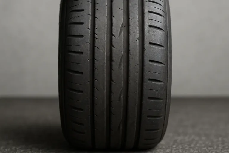 Macro close-up photograph of a single front car tire mounted on a vehicle, showing detailed uneven wear patterns and thinning tread on the rubber, with a neutral background and sharp focus on the tire texture.