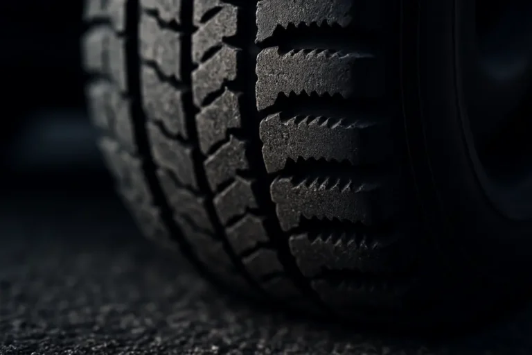 Close-up macro photograph of a car's rear tire showing saw-tooth tread wear on a vulcanized rubber tire mounted on a vehicle, with a coarse asphalt surface below.