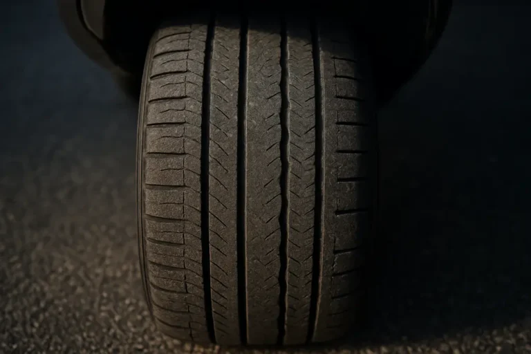 Close-up low-angle photograph of a single rear car tire mounted on a vehicle, showing realistic worn tread patterns and vulcanized rubber texture, with coarse asphalt beneath