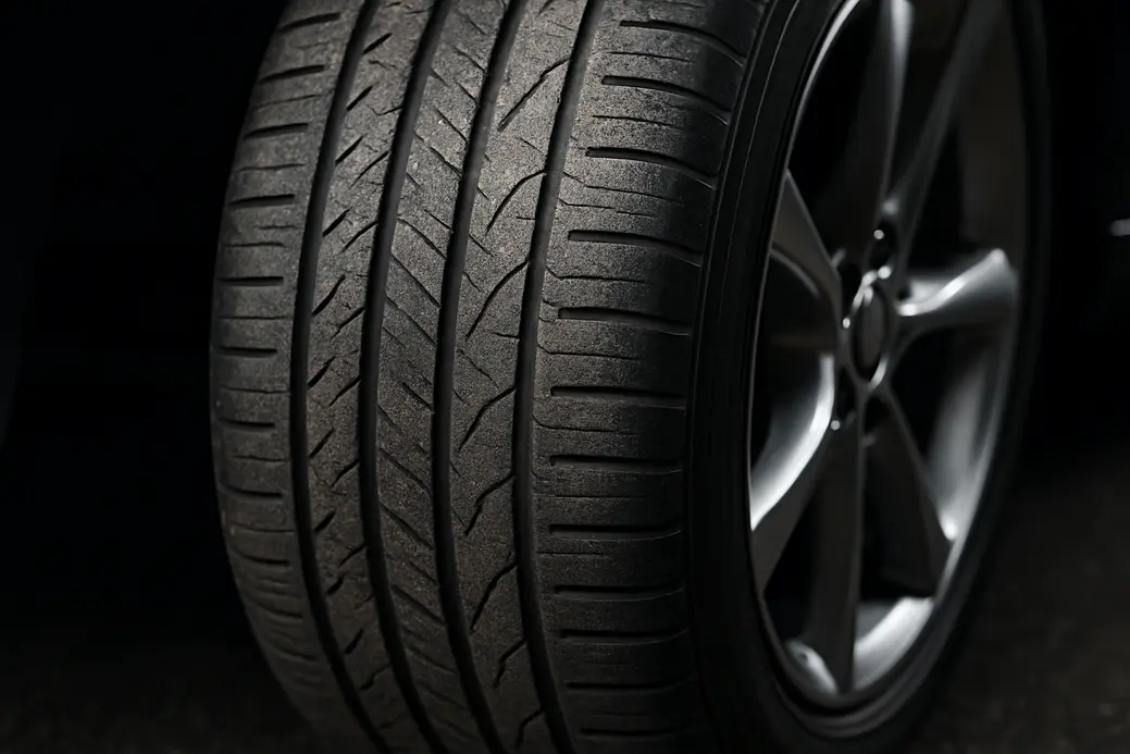 Macro photo of a single rear car tire mounted on a car, showing detailed tread texture and irregular wear patterns on a realistic asphalt surface with studio lighting emphasizing the tire's texture