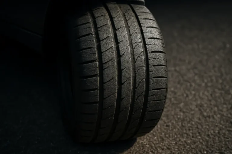 Macro photo of a single rear car tire mounted on a vehicle, showing worn tread and rubber texture on an asphalt surface