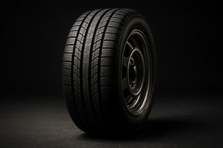 Macro photo of a single car tire mounted on a vehicle, showing detailed rubber tread texture and metal rim reflections, set against a coarse asphalt or studio background with shallow depth of field