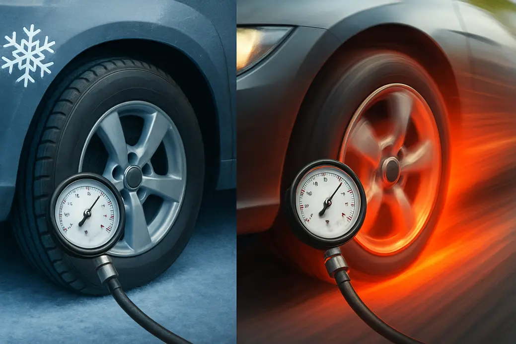 Afbeelding toont een stilstaande auto met een koude band in blauwe tinten en een sneeuwvlokje en een auto in beweging met een warme band in rode gloeiende tinten, beide met een bandenspanningsmeter die de druk meet, ter illustratie van het verschil in bandenspanning door temperatuur.