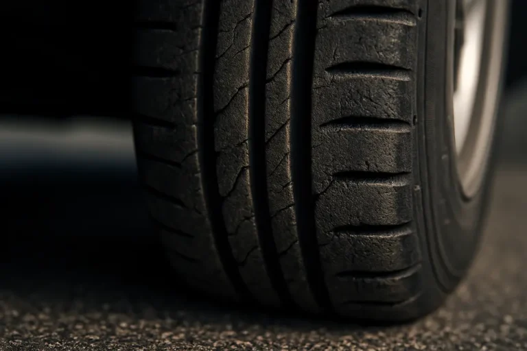 Macro close-up photo of a single car tire mounted on a vehicle, showing detailed vulcanized rubber tread wear in contact with coarse asphalt road, with textured surface and blurred background