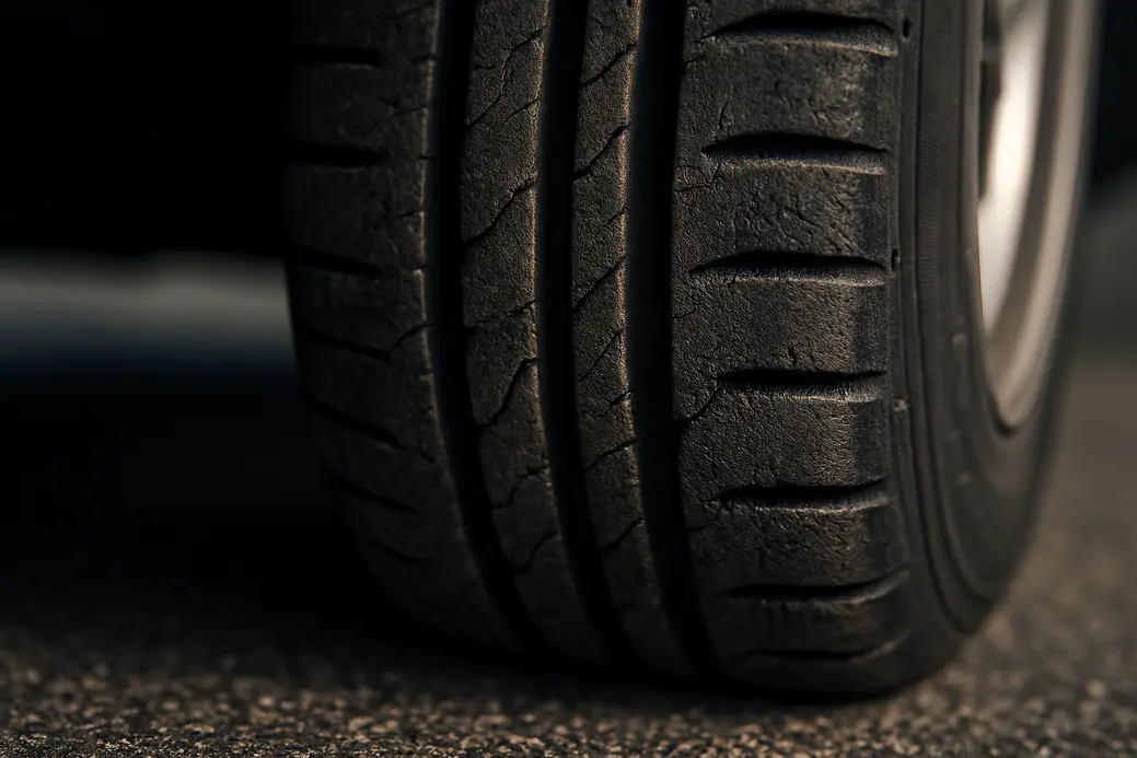 Macro close-up photo of a single car tire mounted on a vehicle, showing detailed vulcanized rubber tread wear in contact with coarse asphalt road, with textured surface and blurred background