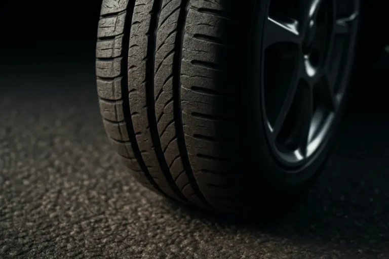 Close-up macro photograph of a single car tire mounted on a vehicle, focusing on detailed rubber tread wear and contact with coarse asphalt surface under dramatic side lighting