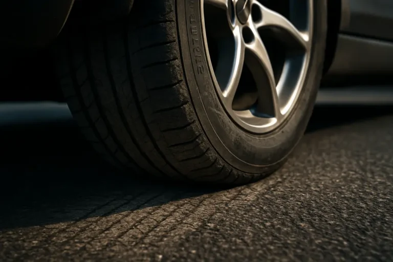 Close-up photo of a single electric car tire mounted on the car showing detailed tire tread wear and rubber texture with a coarse asphalt road surface beneath