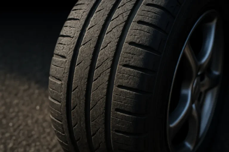 Close-up macro photo of a single car tire mounted on a car, showing uneven tire tread wear and rubber texture against a coarse asphalt background