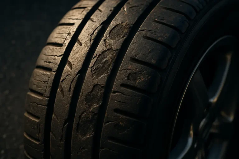 Close-up macro photograph of a single car tire tread mounted on a vehicle, showing clear signs of wear and deformation due to heavy load with a coarse asphalt background.