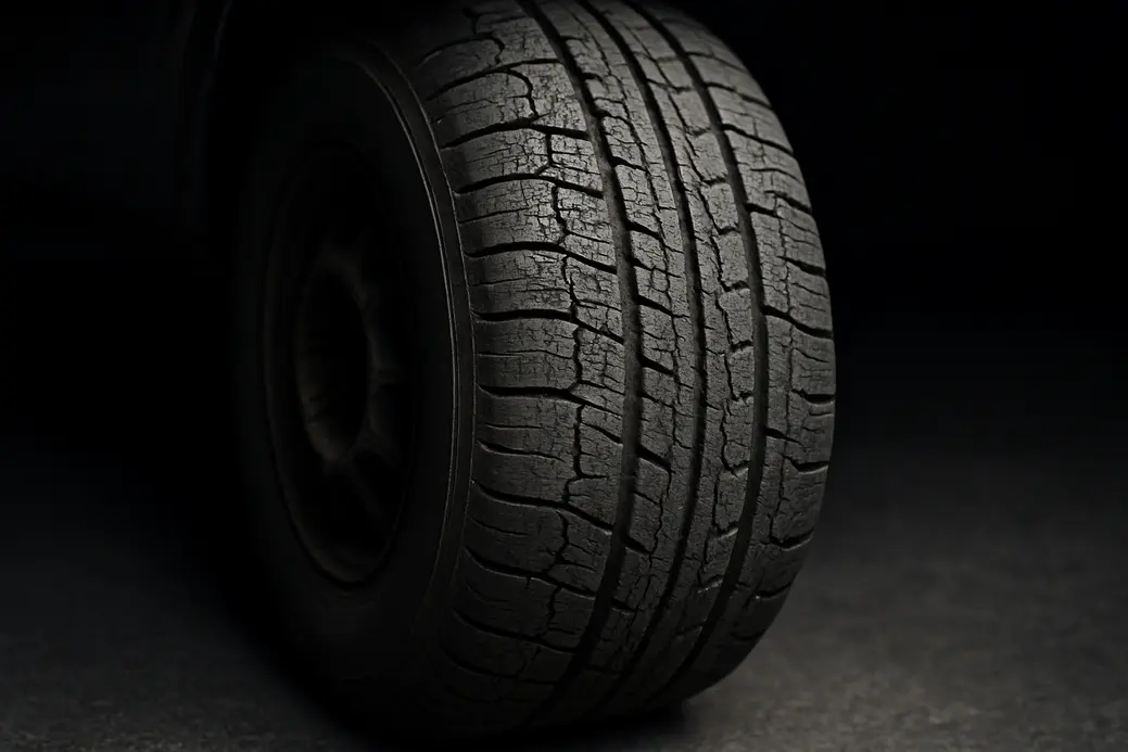 Macro photograph of a car tire mounted on a vehicle showing hardened and aged vulcanized rubber texture with visible cracks and stiffness, set against a realistic coarse asphalt background.