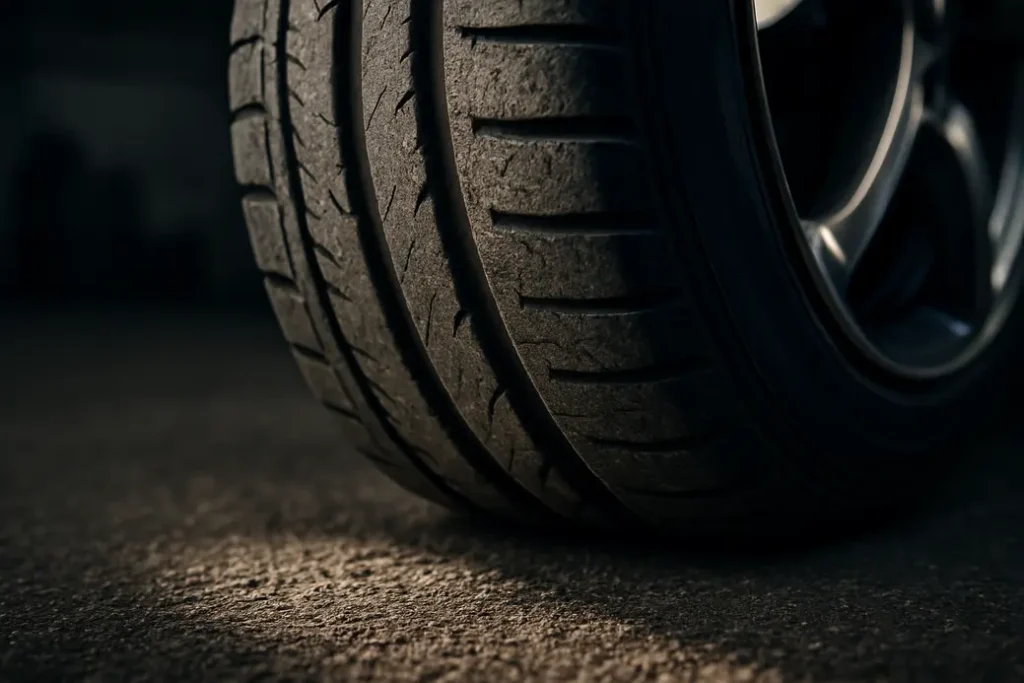 Close-up photo of a single car tire mounted on a vehicle showing unevenly worn tread patterns and vulcanized rubber texture against a coarse asphalt surface in a realistic studio environment.