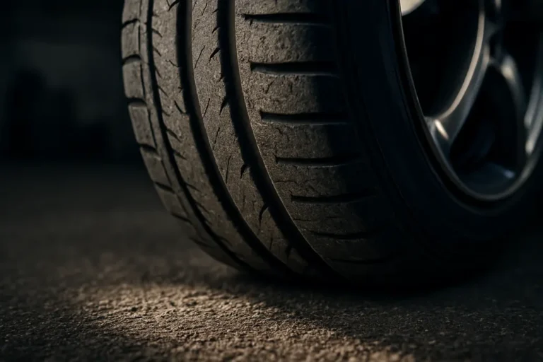 Close-up photo of a single car tire mounted on a vehicle showing unevenly worn tread patterns and vulcanized rubber texture against a coarse asphalt surface in a realistic studio environment.