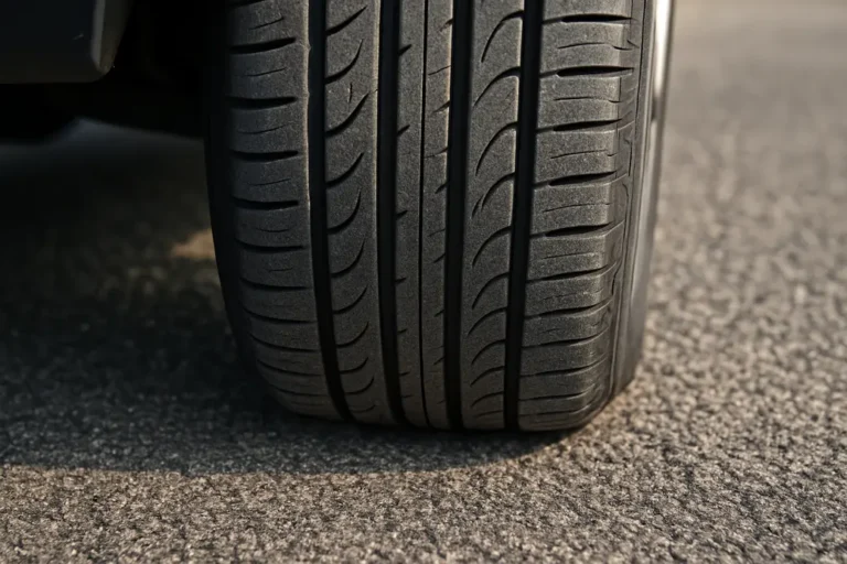 Macro photo of a single car tire mounted on a vehicle, showing detailed rubber tread in contact with a rough asphalt road surface, capturing the slight deformation of the tire at the contact patch.