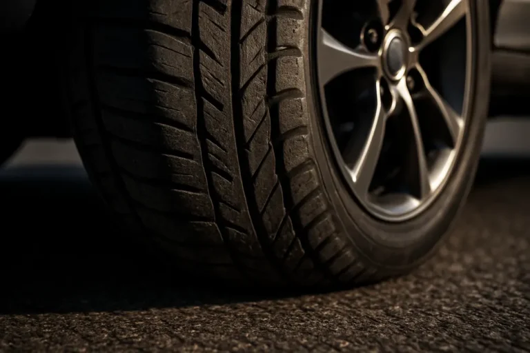 Macro low-angle photograph of a single car tire touching coarse asphalt, showing detailed rubber texture and tread deformation indicating slow speed