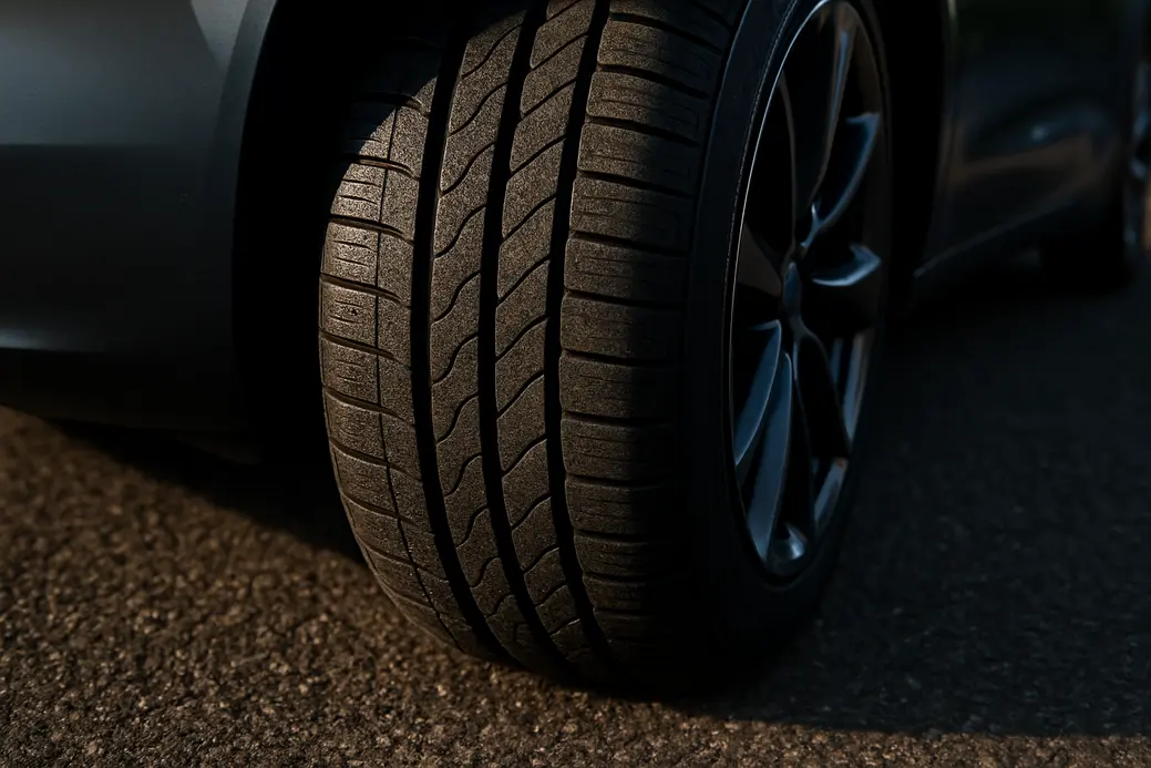 Close-up photograph of a single electric car tire mounted on coarse asphalt, showing detailed rubber texture and tread pattern with sharp focus