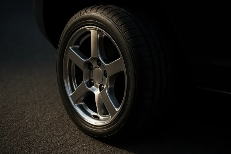 Close-up macro photograph of a large car rim with tire mounted on a vehicle, showing detailed rubber texture and polished metal rim against a coarse asphalt background